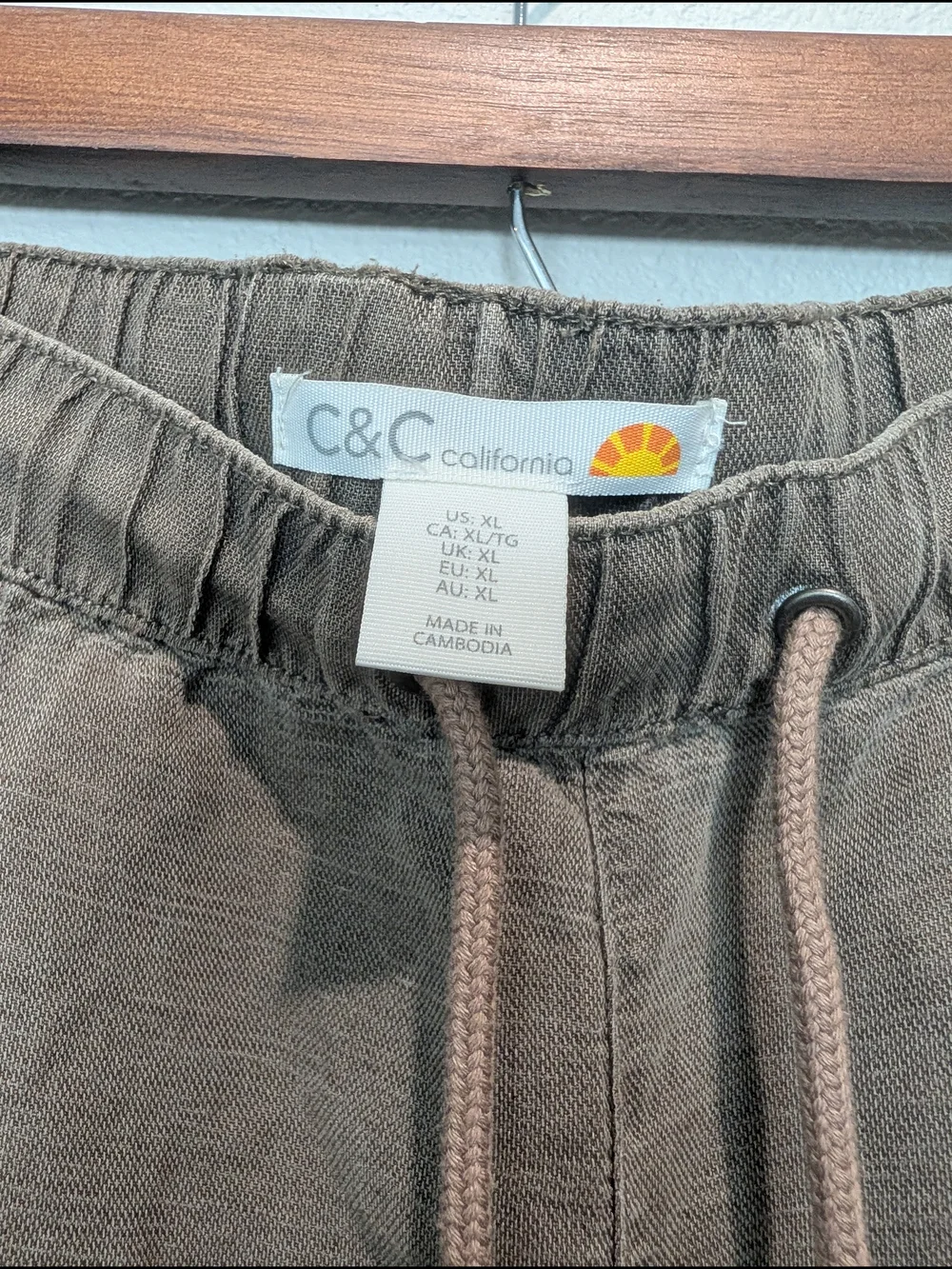 C&C California Linen Pants Draw String Elastic Waist Size XL Green Khaki Beach - Picture 4 of 8